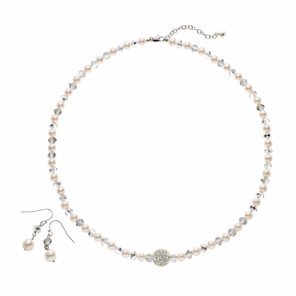 Necklace & Earrings Set Genuine Creamy White Mother of Pearl Gray Crystal